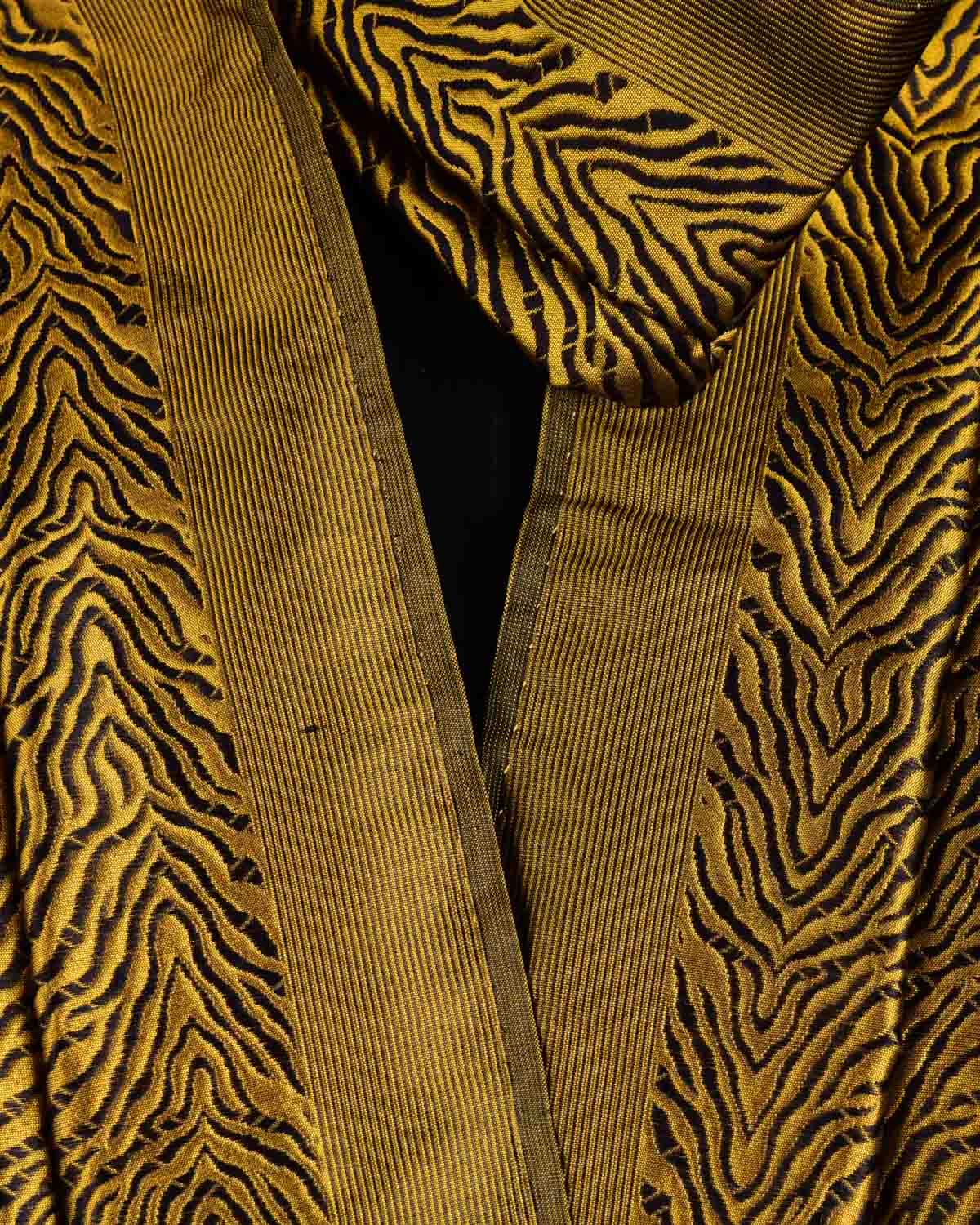 Mustard Banarasi Tiger Stripes Handwoven Katan Silk Scarf 72"x11"-HolyWeaves
