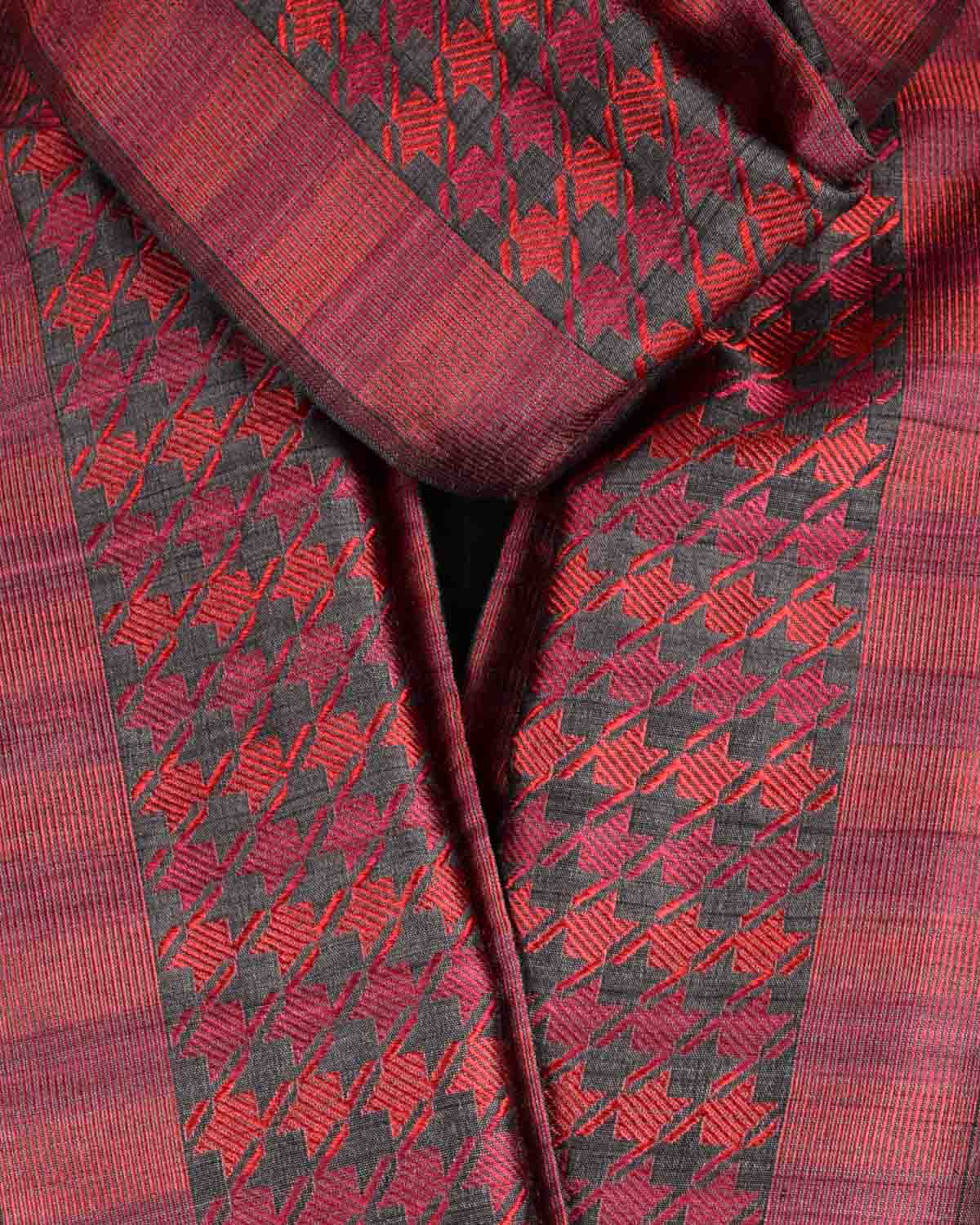 Gray Banarasi Houndstooth Red & Marron Tanchoi Brocade Handwoven Silk Wool Scarf 72"x11"-HolyWeaves