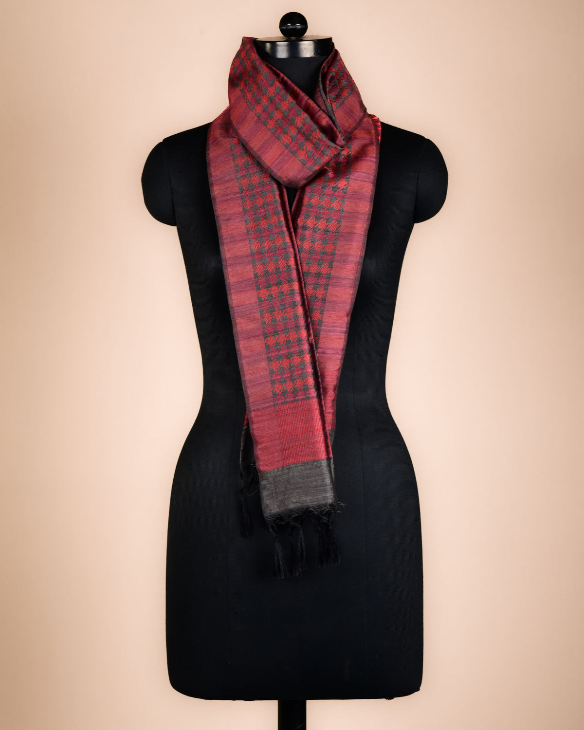 Gray Banarasi Houndstooth Red & Marron Tanchoi Brocade Handwoven Silk Wool Scarf 72"x11"-HolyWeaves