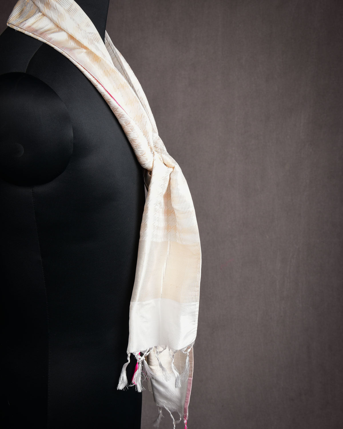 White Banarasi Gold & Silver Zari Houndstooth Brocade Handwoven Silk Wool Scarf 72"x11"-HolyWeaves