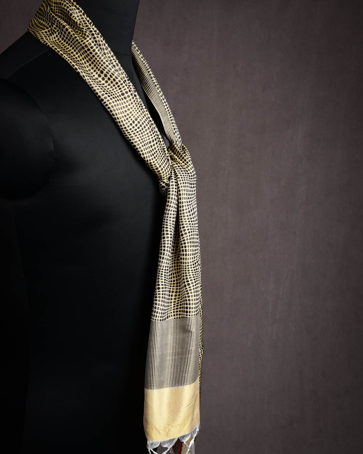Beige Banarasi Python Stripes Brocade Handwoven Unisex Silk Scarf 80"x10"-HolyWeaves