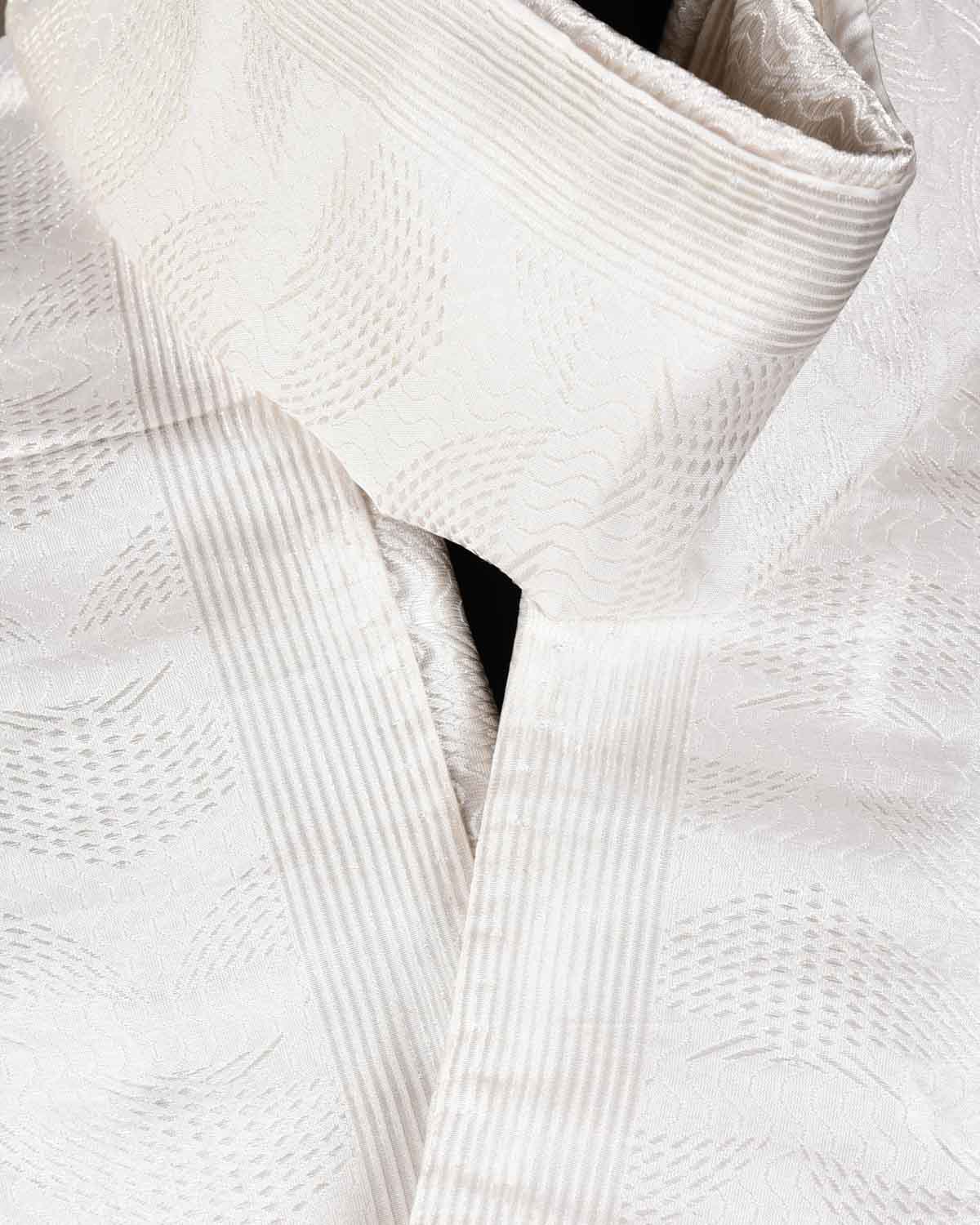 White Banarasi Oceanic Pisces Silver Zari Brocade Handwoven Silk Scarf 80"x10"-HolyWeaves
