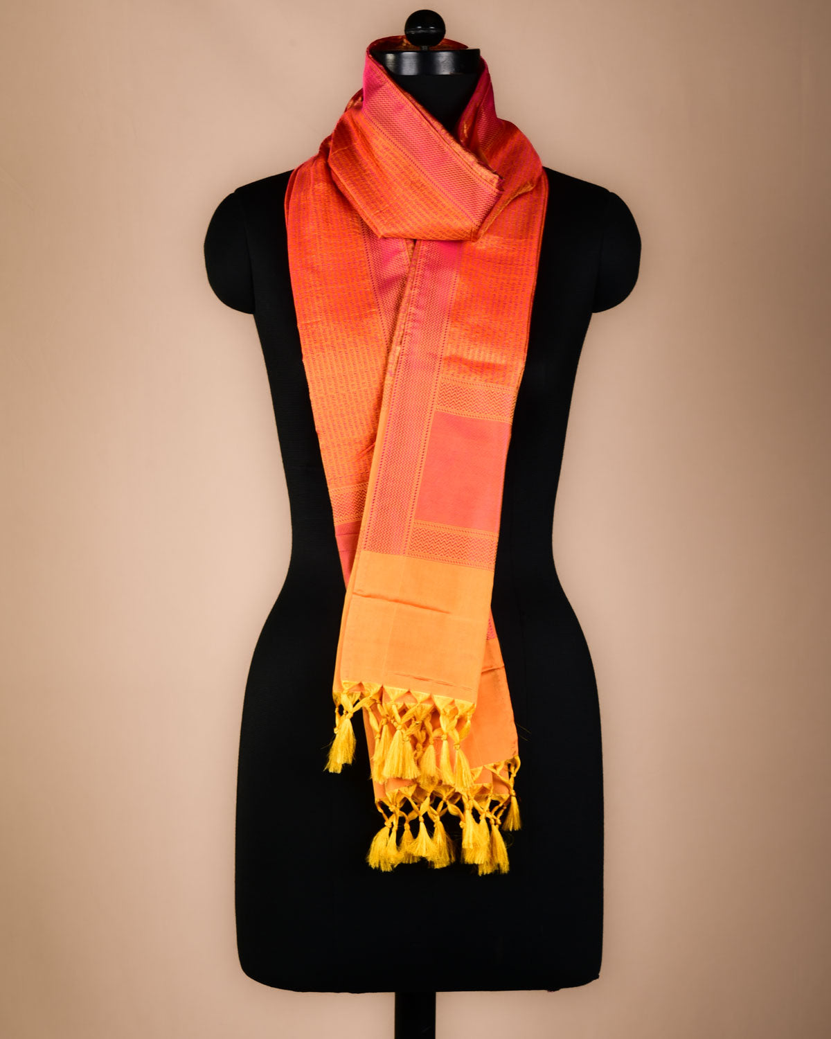 Shot Pink-Orange Banarasi Geeta Shlok Brocade Handwoven Silk Scarf 72"x21"-HolyWeaves