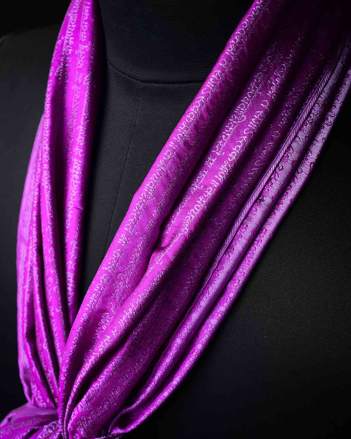 Gray On Magenta Banarasi Geeta Shlok Brocade Handwoven Silk Scarf 72"x21"-HolyWeaves