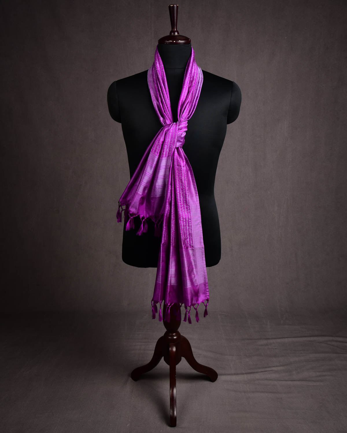 Gray On Magenta Banarasi Geeta Shlok Brocade Handwoven Silk Scarf 72"x21"-HolyWeaves