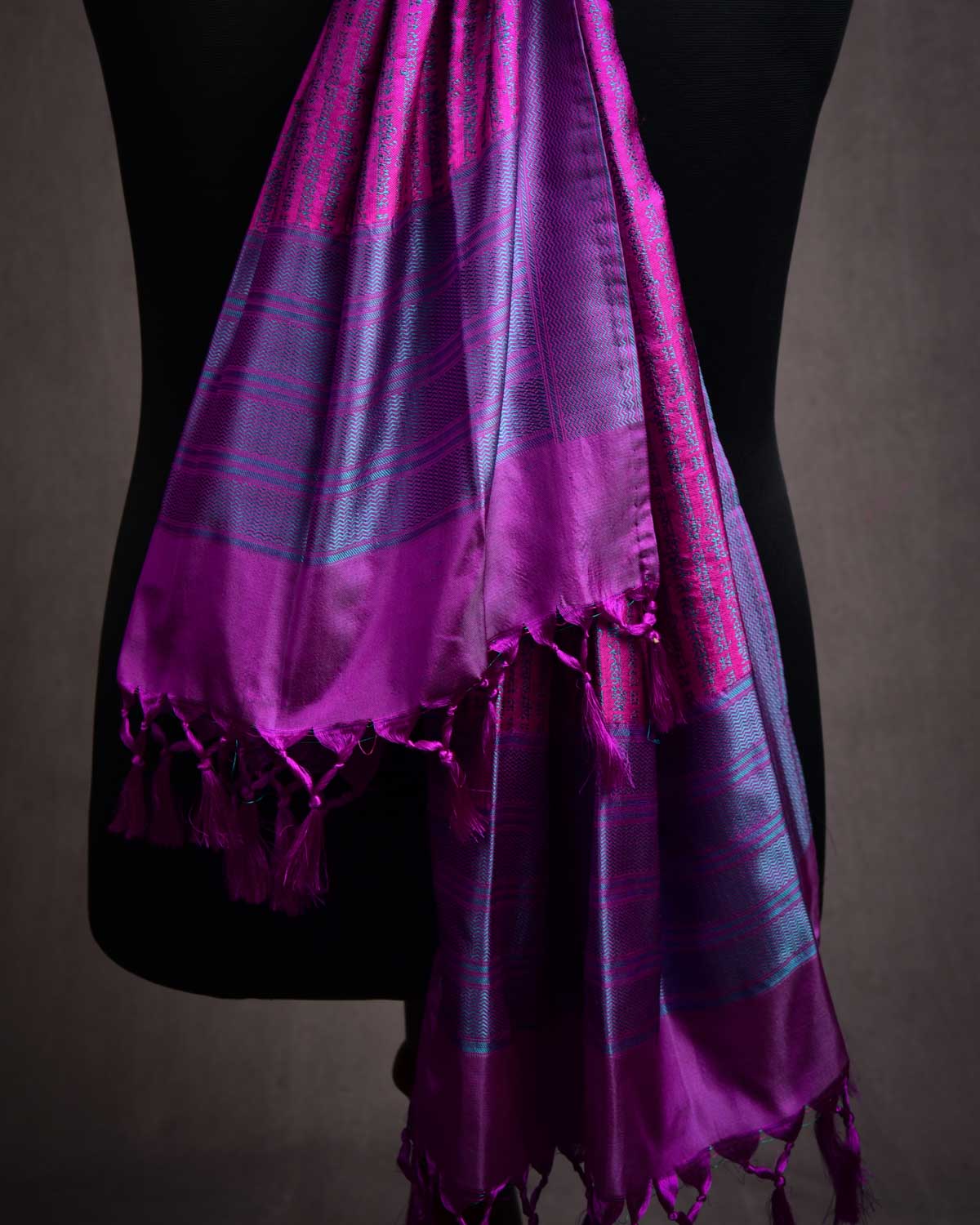 Green On Magenta Banarasi Geeta Shlok Brocade Handwoven Silk Scarf 72"x21"-HolyWeaves
