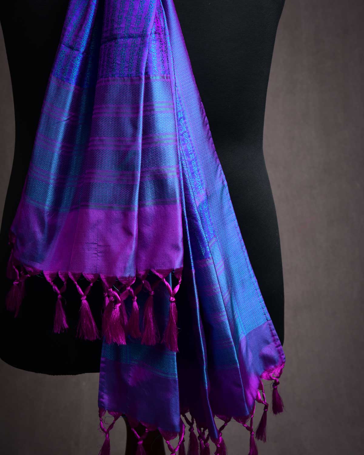 Green On Shot Blue Banarasi Geeta Shlok Brocade Handwoven Silk Scarf 72"x21"-HolyWeaves