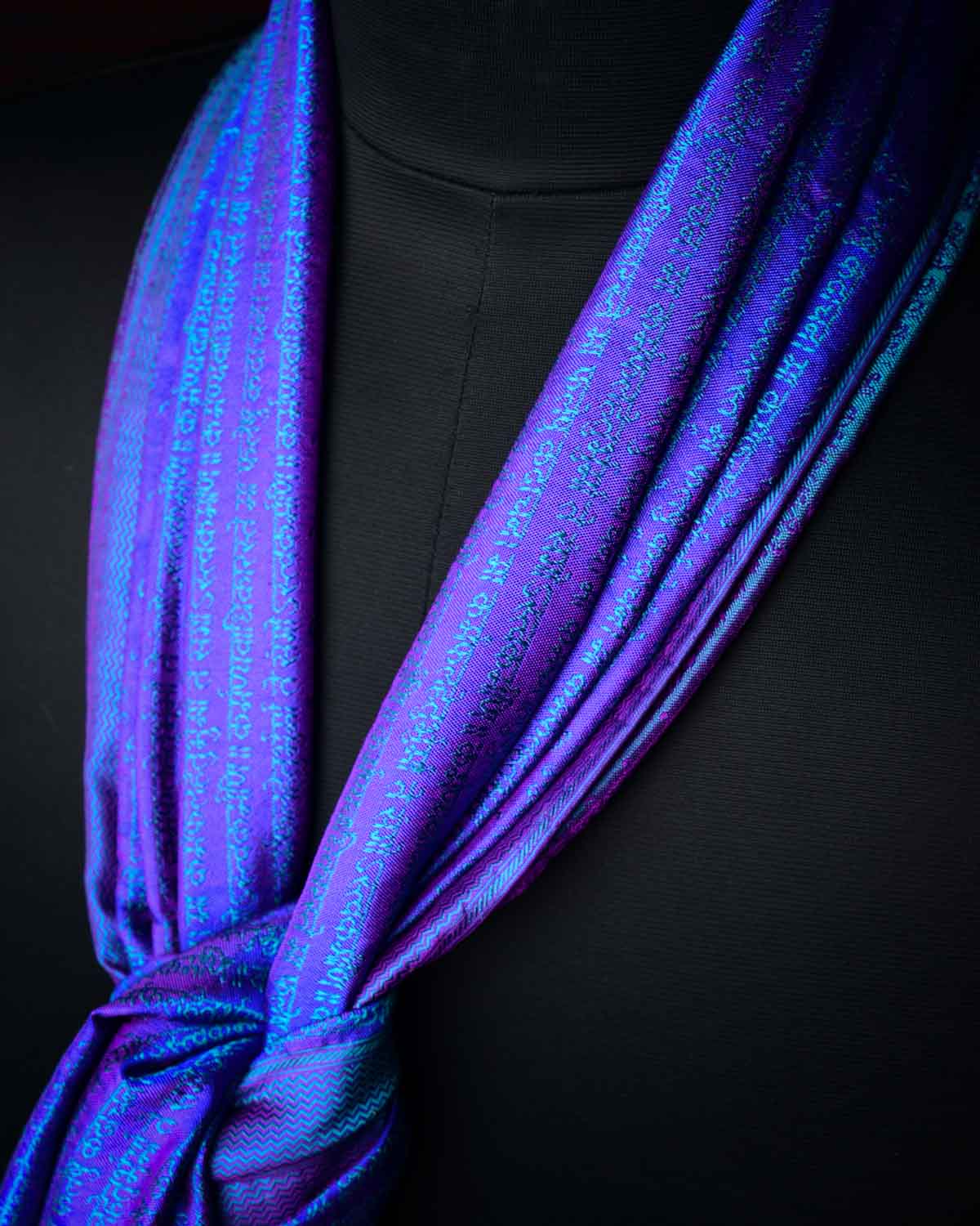 Green On Shot Blue Banarasi Geeta Shlok Brocade Handwoven Silk Scarf 72"x21"-HolyWeaves