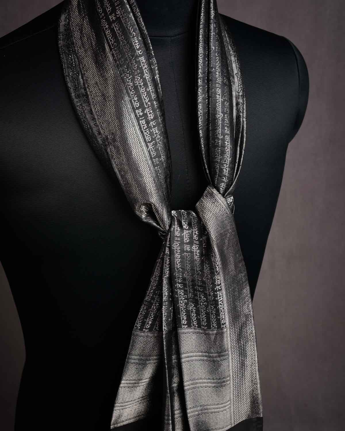Silver On Black Banarasi Geeta Shlok Brocade Handwoven Silk Scarf 72"x21"