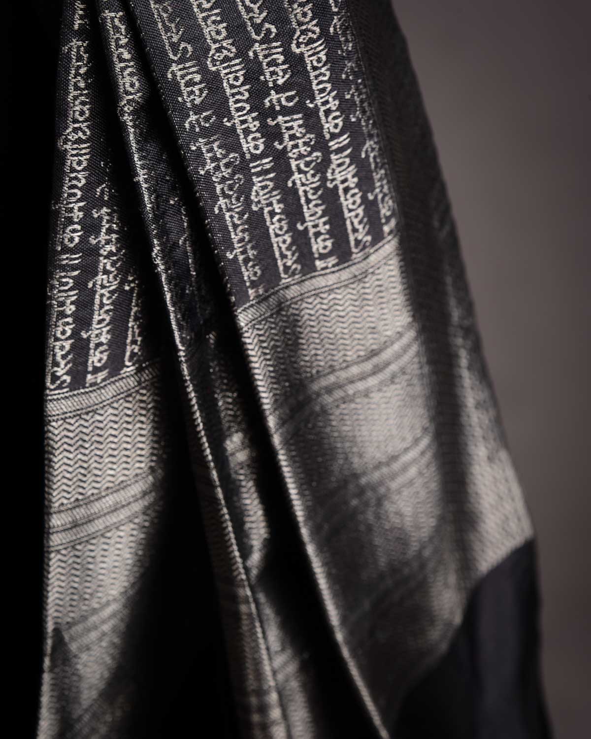 Silver On Black Banarasi Geeta Shlok Brocade Handwoven Silk Scarf 72"x21"-HolyWeaves
