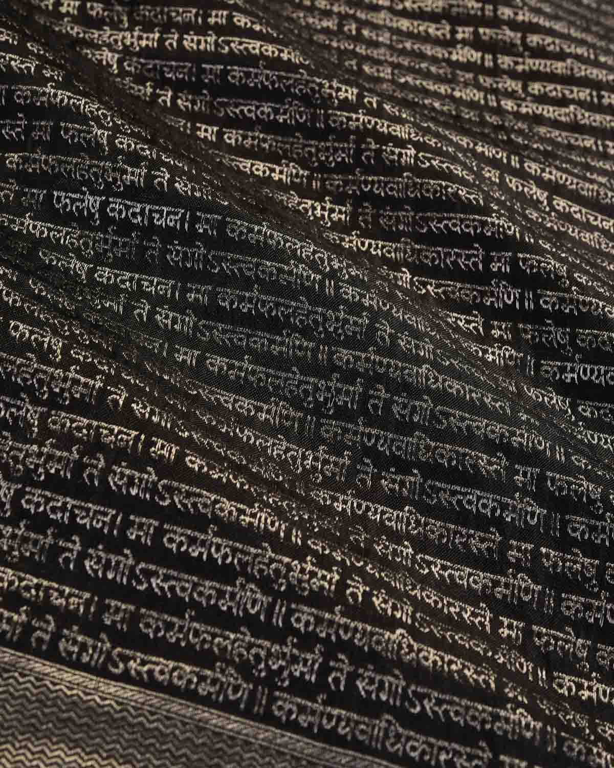 Silver On Black Banarasi Geeta Shlok Brocade Handwoven Silk Scarf 72"x21"-HolyWeaves