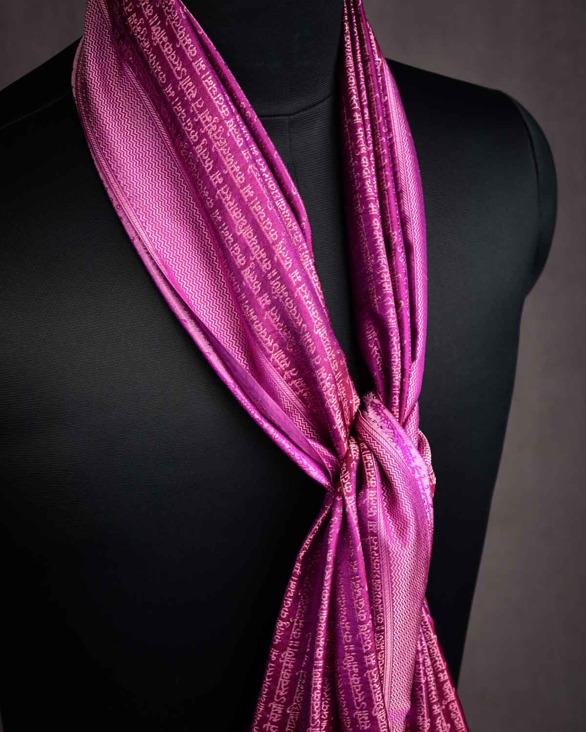 Lavender On Purple Banarasi Geeta Shlok Brocade Handwoven Silk Scarf 72"x21"-HolyWeaves