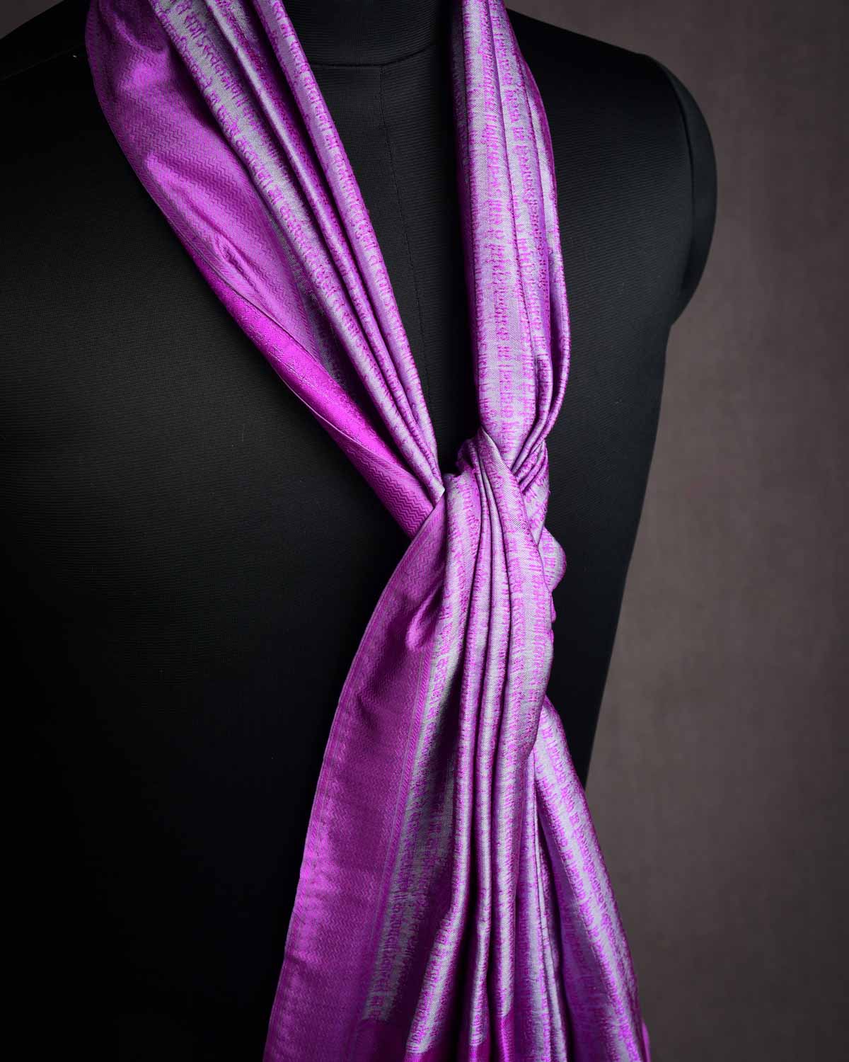 Magenta On Gray Banarasi Geeta Shlok Brocade Handwoven Silk Scarf 72"x21"-HolyWeaves