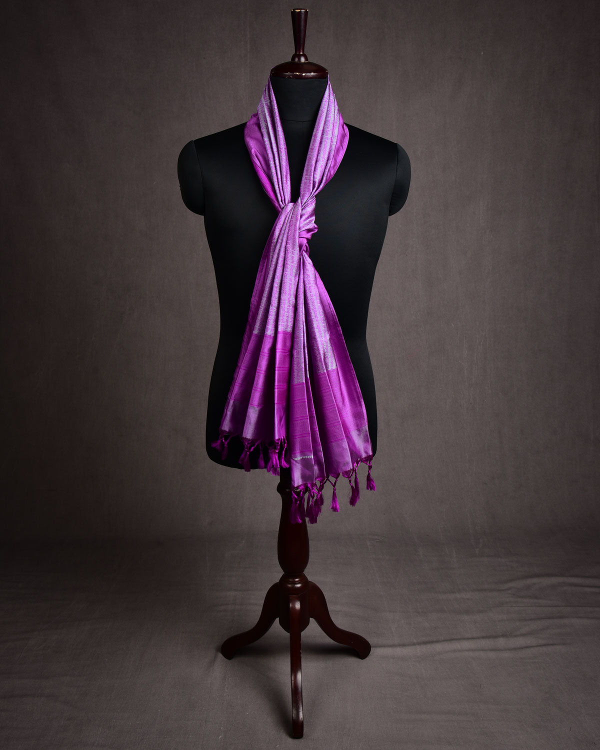 Magenta On Gray Banarasi Geeta Shlok Brocade Handwoven Silk Scarf 72"x21"-HolyWeaves