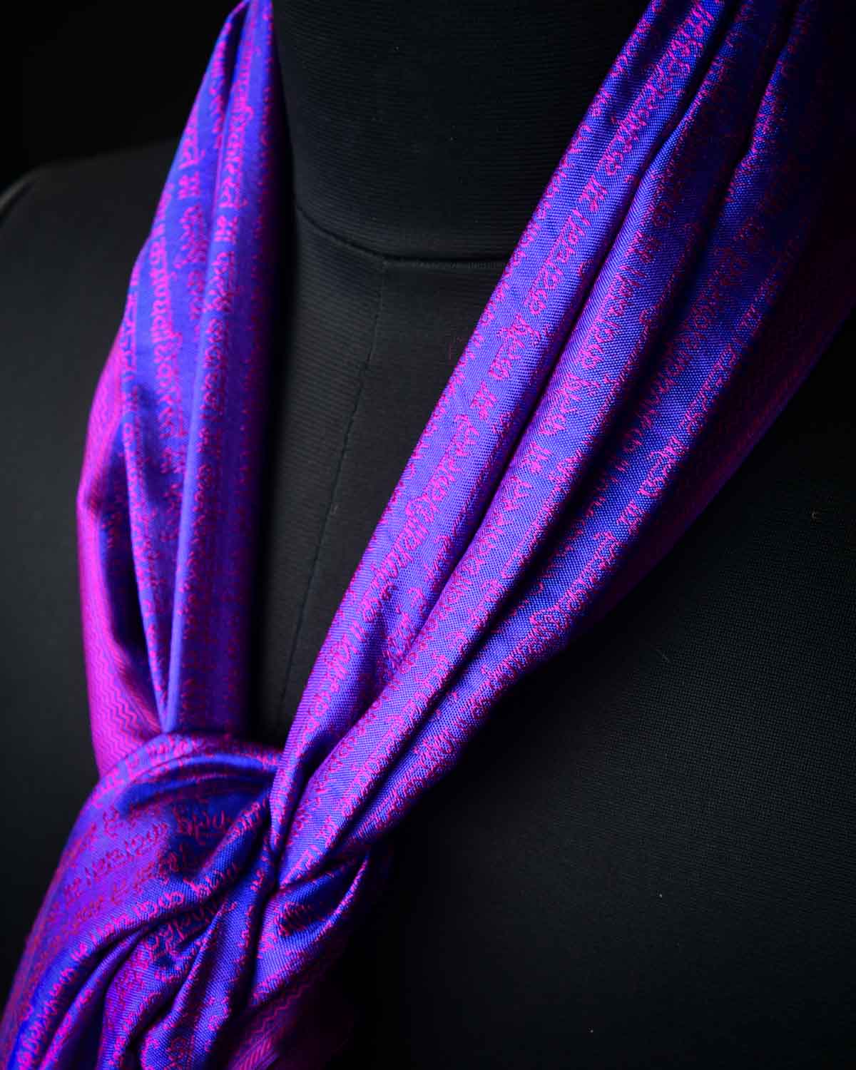 Pink On Royal Blue Banarasi Geeta Shlok Brocade Handwoven Silk Scarf 72"x21"-HolyWeaves