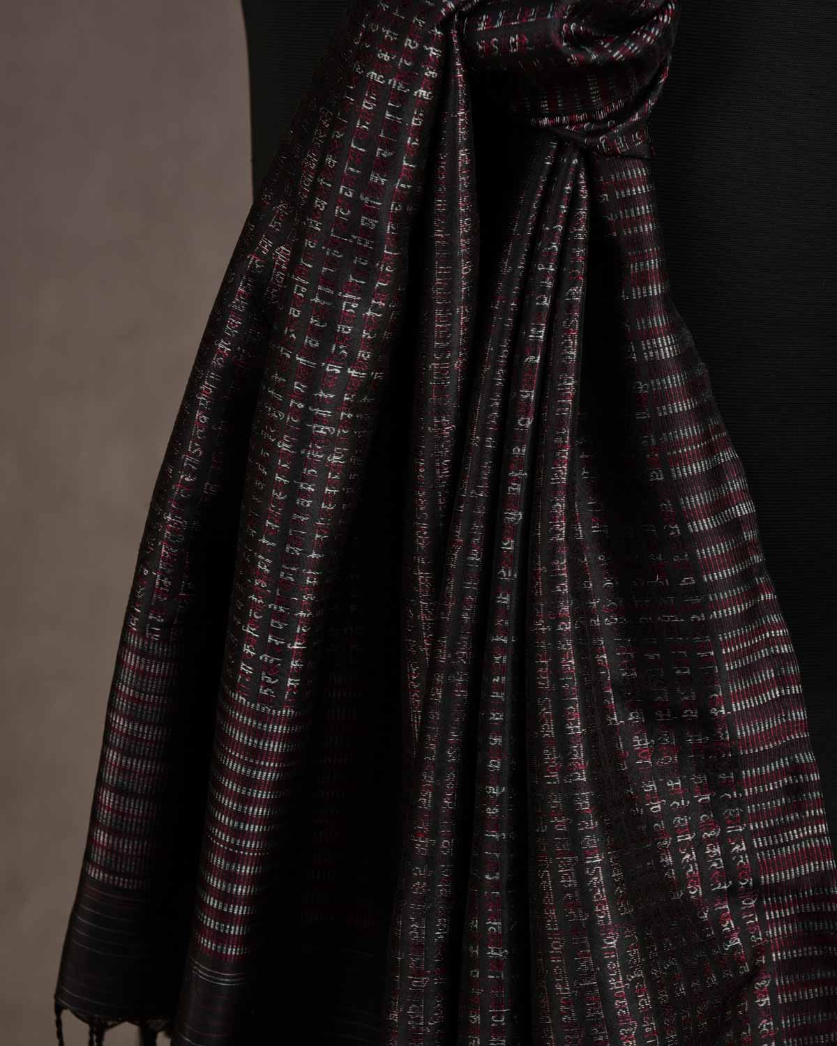 Black Multi-Color Geeta Shlok Brocade Handwoven Silk Unisex Scarf 72"x21"-HolyWeaves