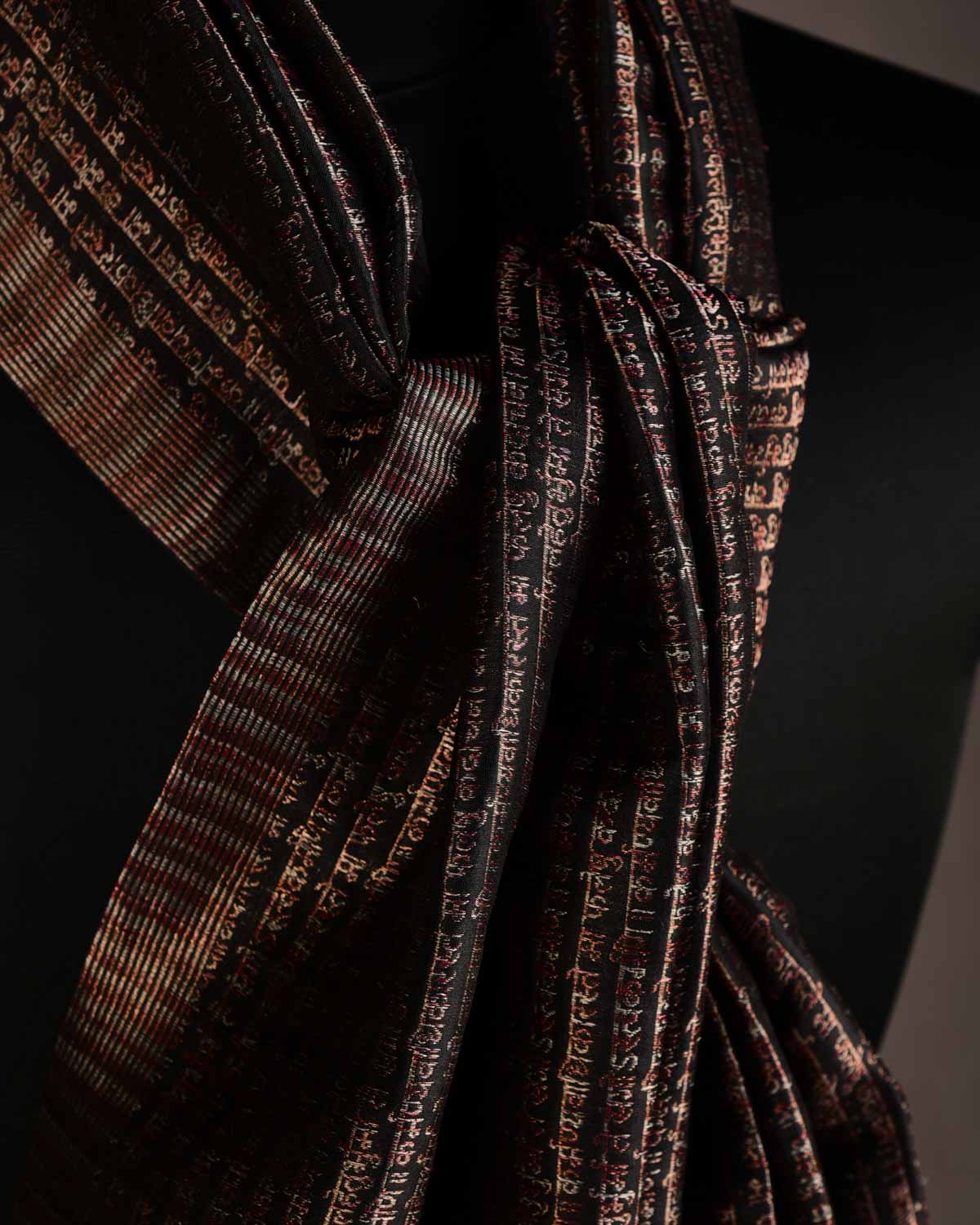 Metallic Black Multi-Color Geeta Shlok Brocade Handwoven Silk Unisex Scarf 72"x21"-HolyWeaves