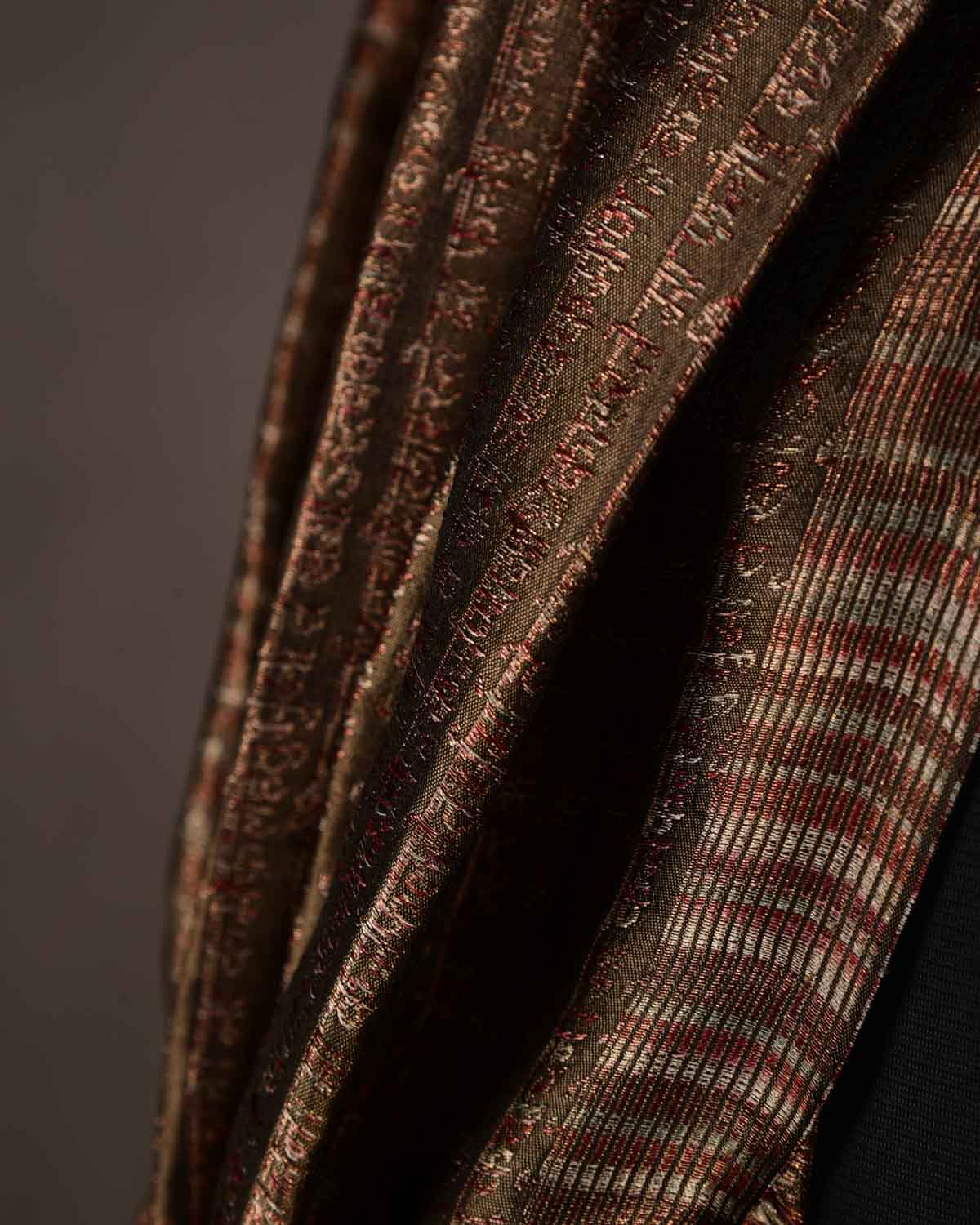Metallic Brown Olive Green Multi-Color Geeta Shlok Brocade Handwoven Silk Unisex Scarf 72"x21"-HolyWeaves