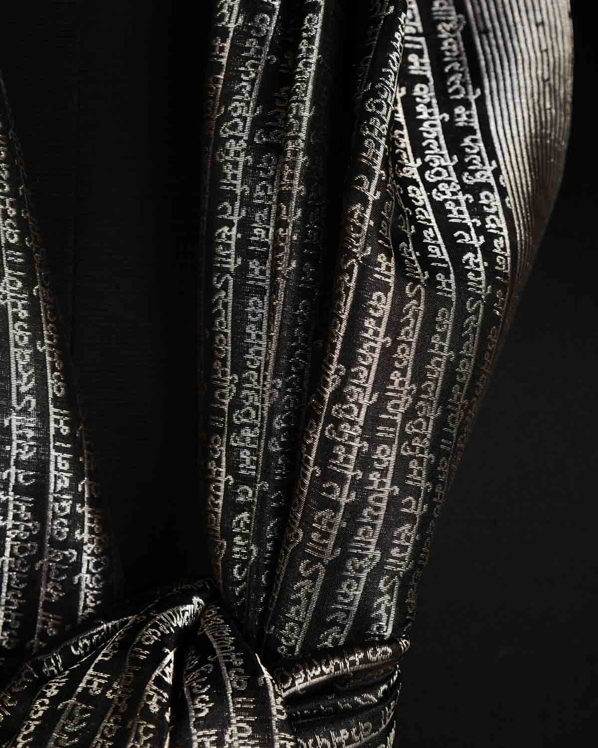Black Geeta Shlok 2.47 Silver Zari Brocade Handwoven Silk Unisex Scarf 80"x21"-HolyWeaves