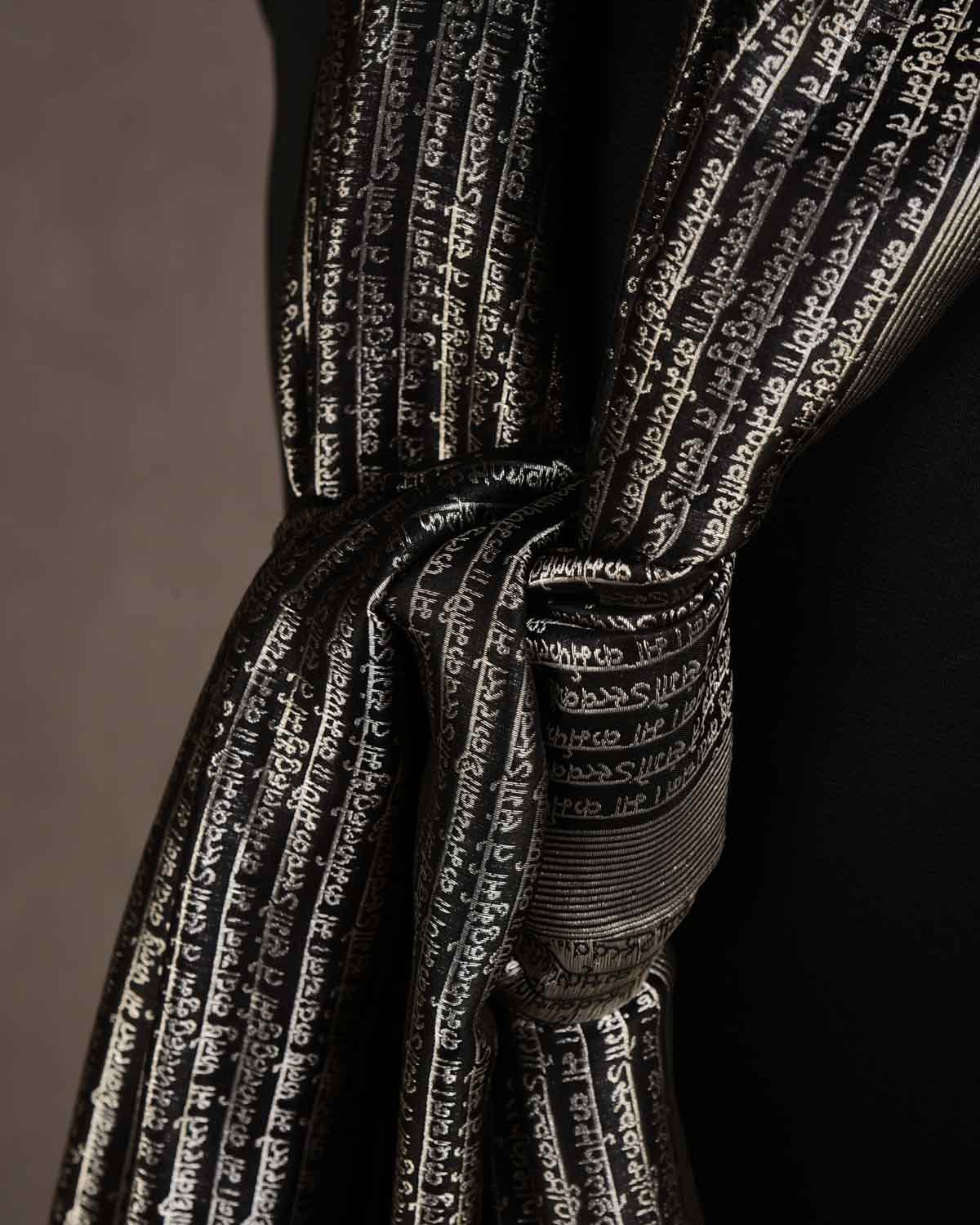 Black Geeta Shlok 2.47 Silver Zari Brocade Handwoven Silk Unisex Scarf 80"x21"-HolyWeaves