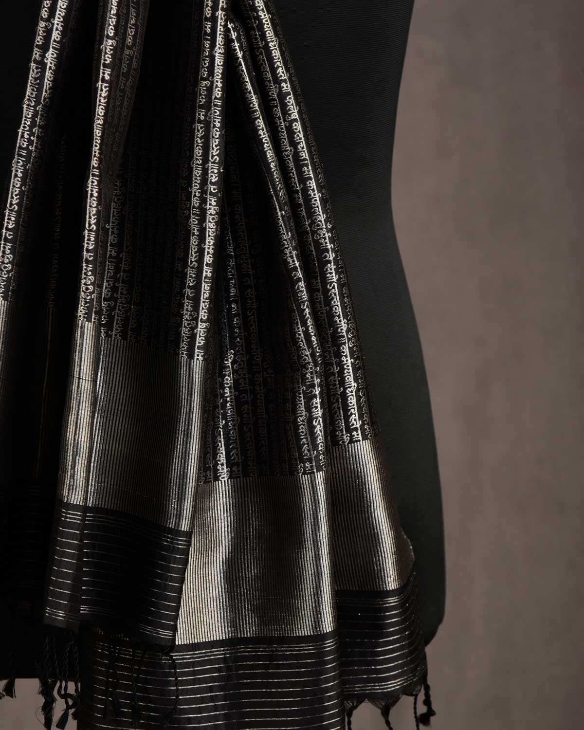 Black Geeta Shlok 2.47 Silver Zari Brocade Handwoven Silk Unisex Scarf 80"x21"-HolyWeaves