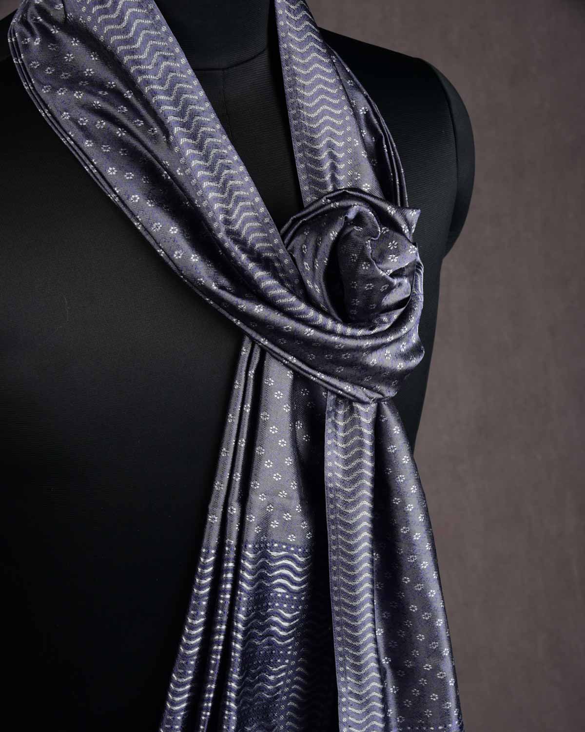 Gray Banarasi Interlock Grids Tanchoi Handwoven Silk Scarf 72"x21"-HolyWeaves