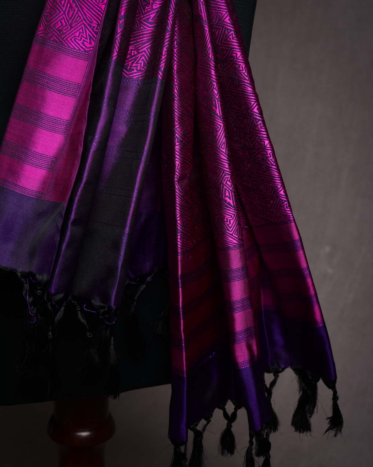 Purple Banarasi Tribal Geometric Tanchoi Handwoven Silk Scarf 72"x21"-HolyWeaves