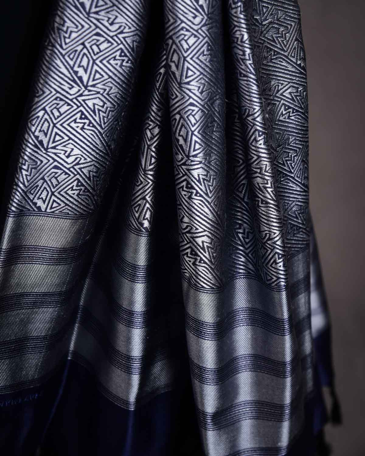 Gray Banarasi Tribal Geometric Tanchoi Handwoven Silk Scarf 72"x21"-HolyWeaves