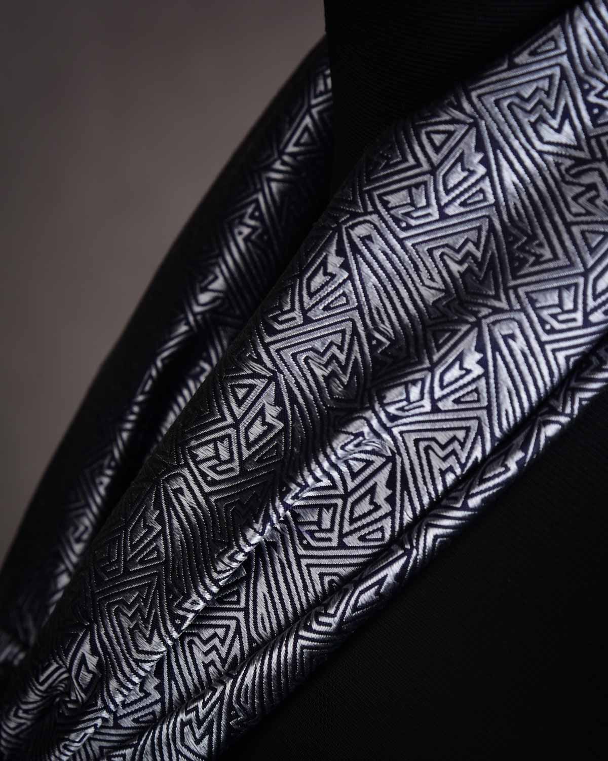 Gray Banarasi Tribal Geometric Tanchoi Handwoven Silk Scarf 72"x21"-HolyWeaves