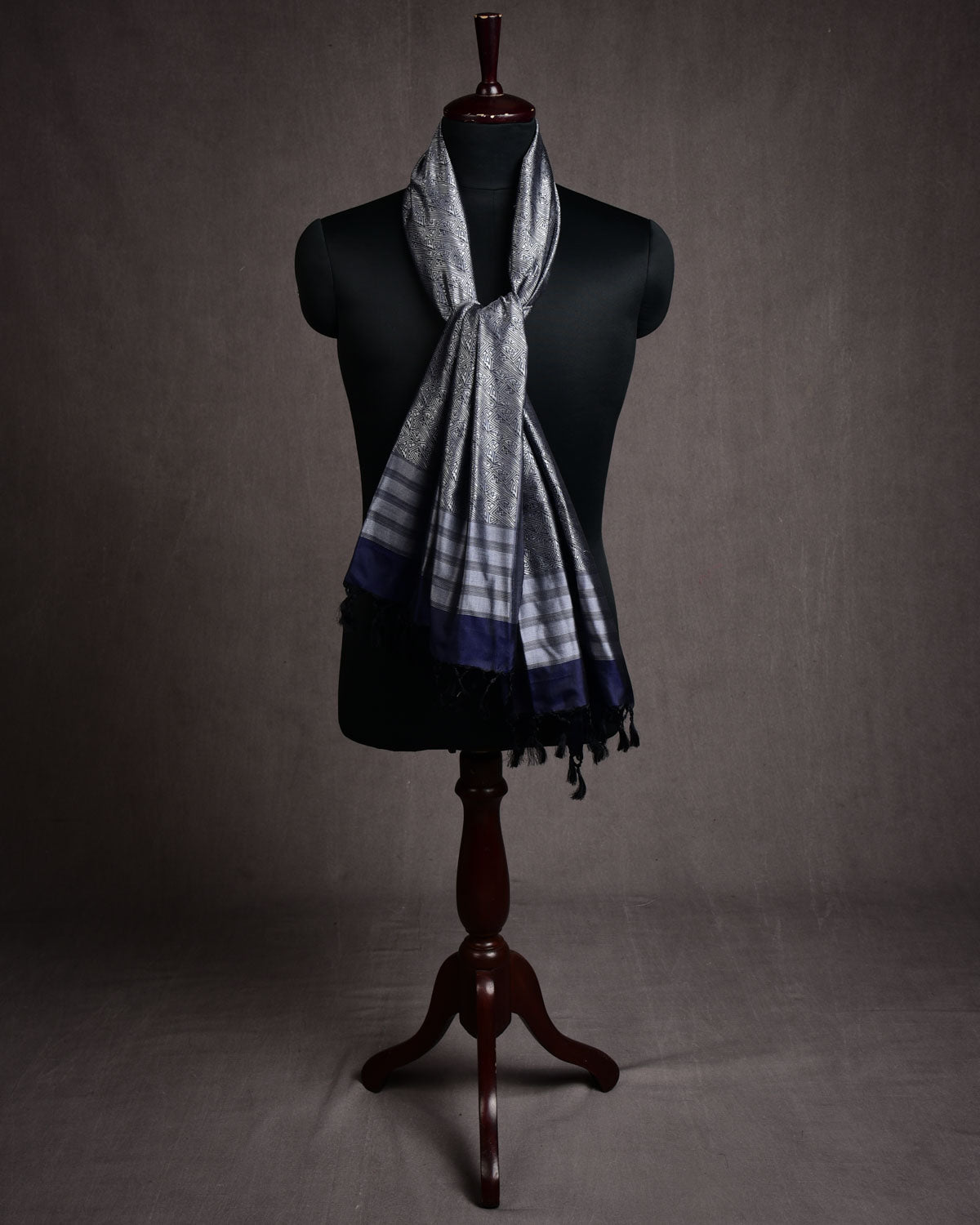 Gray Banarasi Tribal Geometric Tanchoi Handwoven Silk Scarf 72"x21"