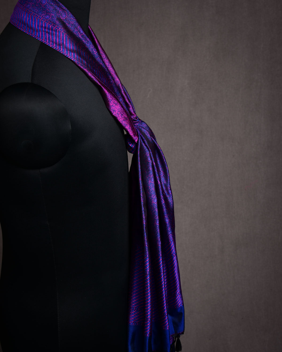 Pink On Purple Banarasi Paisley Tanchoi Handwoven Silk Scarf 72"x21"-HolyWeaves