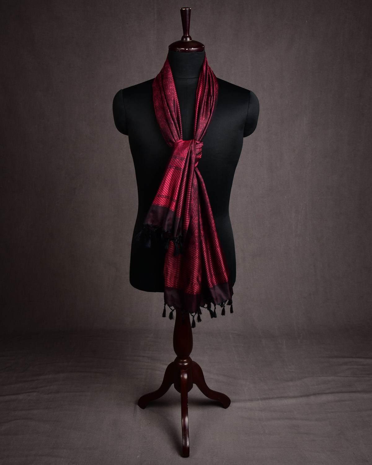 Midnight Maroon Banarasi Paisley Tanchoi Handwoven Silk Scarf 72"x21"