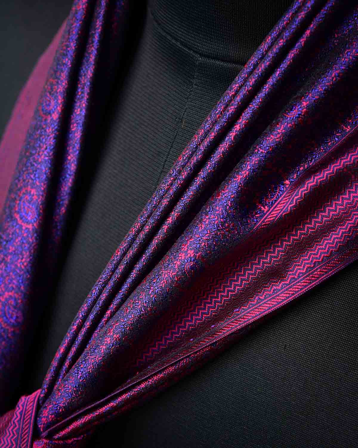 Purple Banarasi Paisley Tanchoi Handwoven Silk Scarf 80"x21"-HolyWeaves