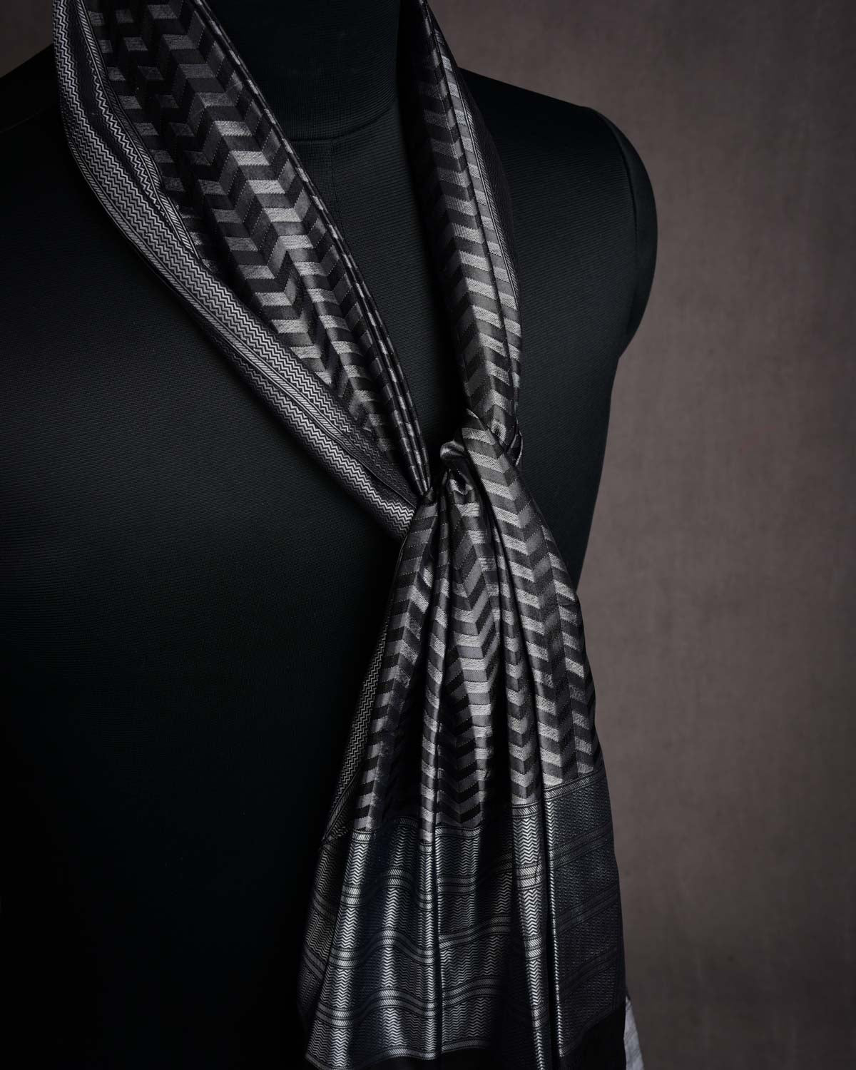 Gray & Black Banarasi Striped Chevron Tanchoi Handwoven Silk Scarf 72"x21"