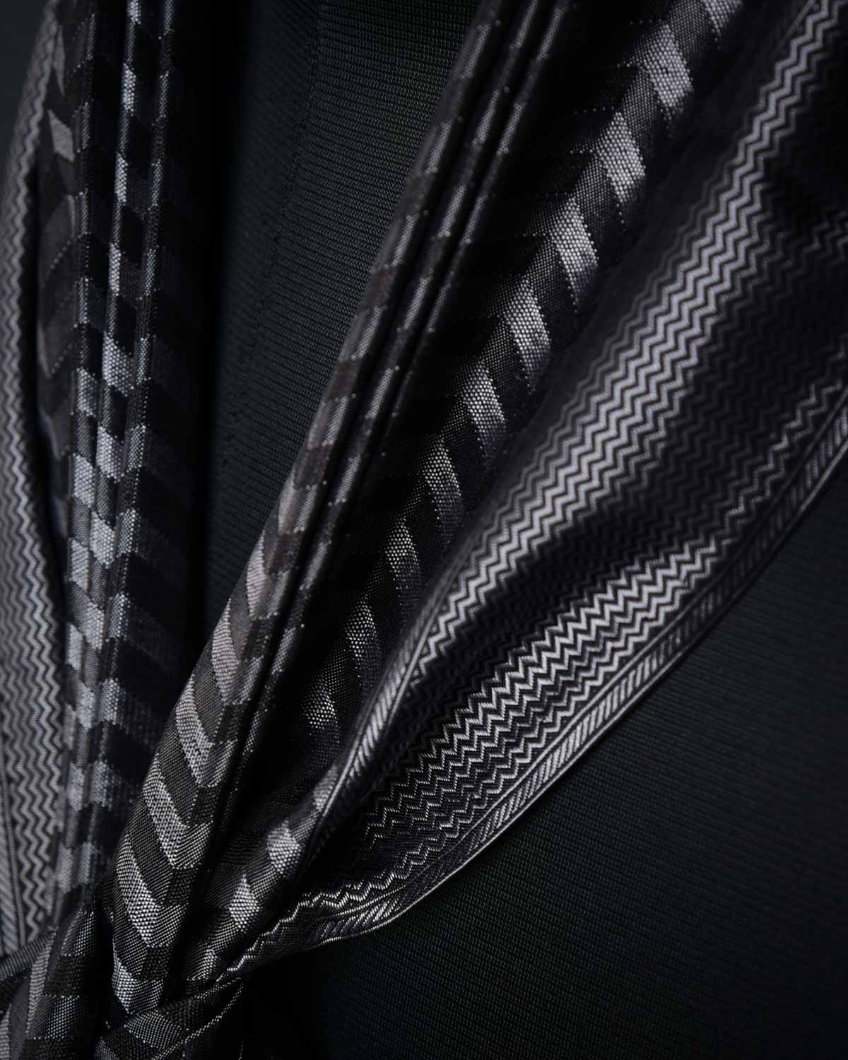 Gray & Black Banarasi Striped Chevron Tanchoi Handwoven Silk Scarf 72"x21"-HolyWeaves