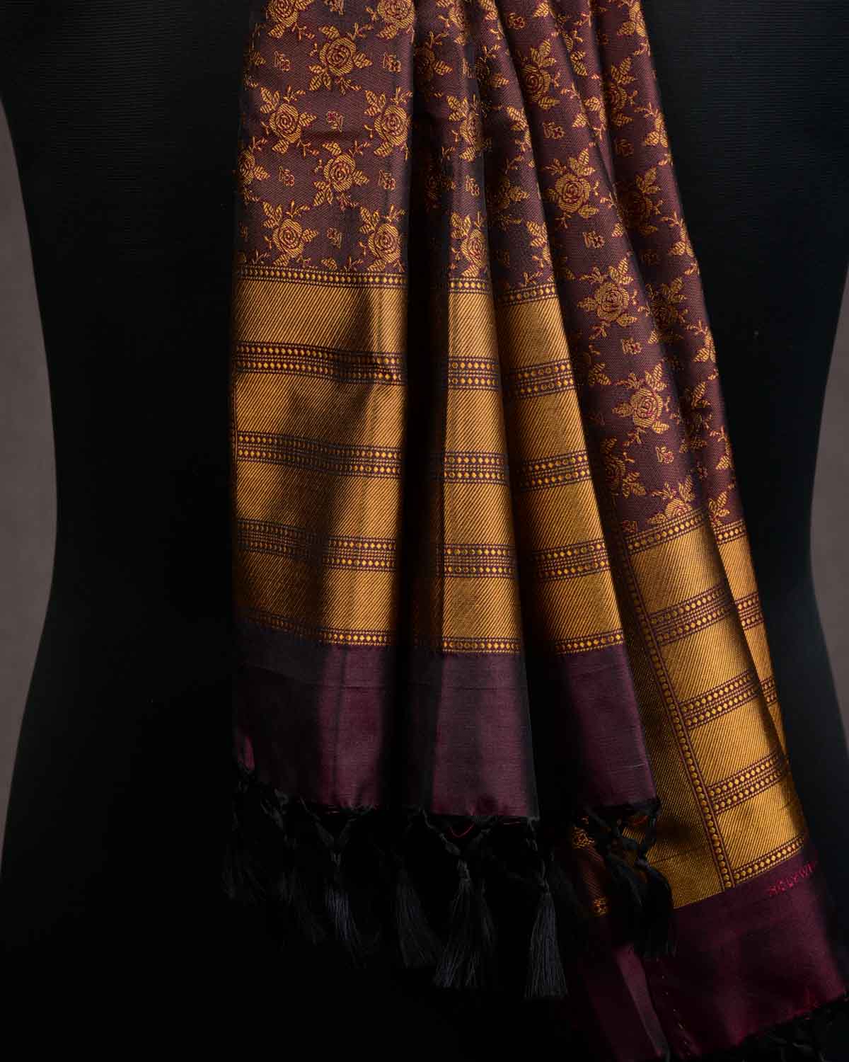 Mustrad On Maroon Banarasi Rose Tanchoi Handwoven Silk Scarf 72"x21"-HolyWeaves