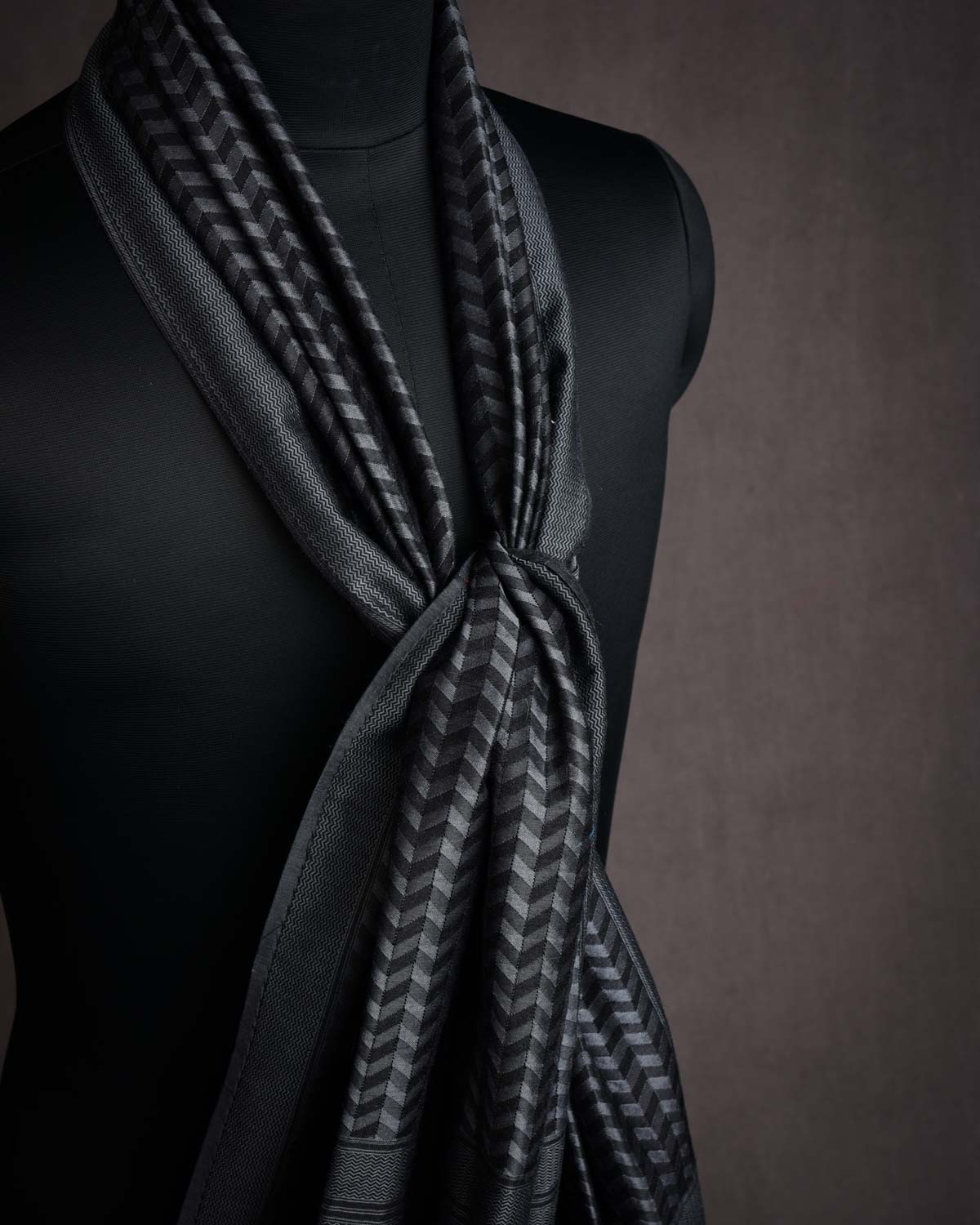 Gray Banarasi Glitch Chevron Tanchoi Handwoven Silk Wool Scarf 72"x21"-HolyWeaves