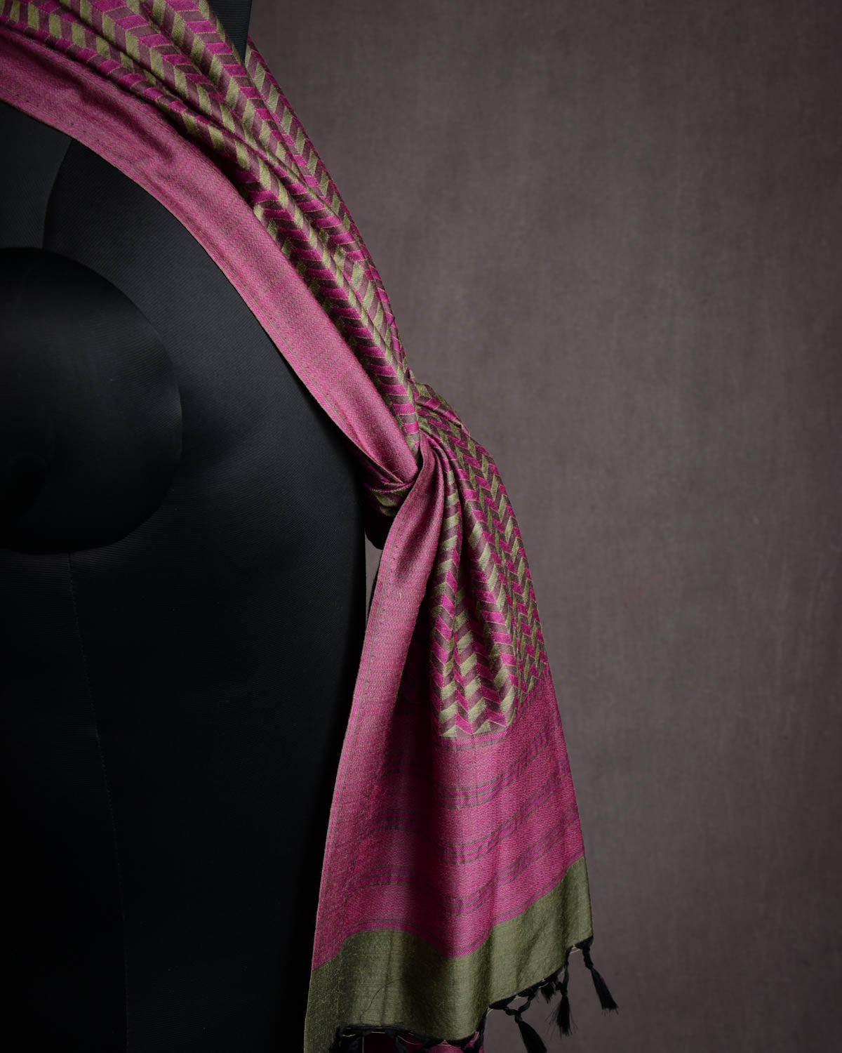 Olive Green Banarasi Glitch Chevron Tanchoi Handwoven Silk Wool Scarf 80"x21"-HolyWeaves