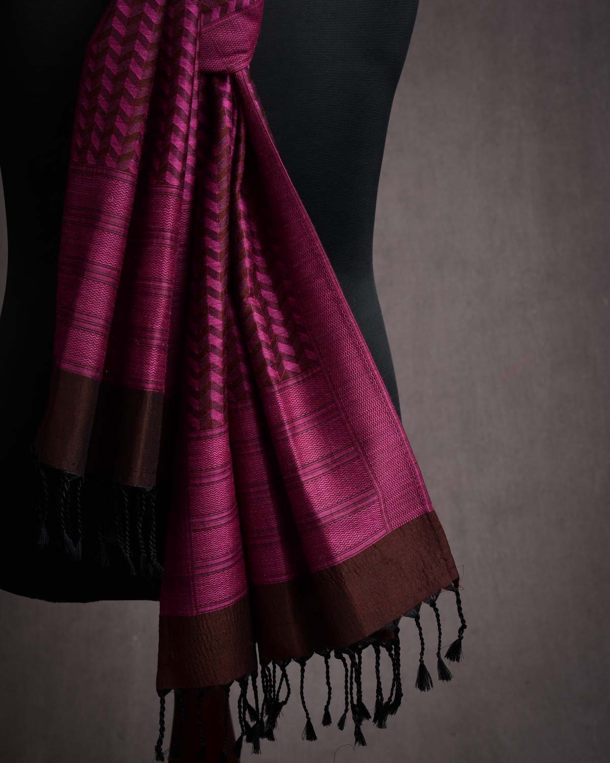 Magenta Banarasi Glitch Chevron Tanchoi Handwoven Silk Wool Scarf 80"x21"-HolyWeaves