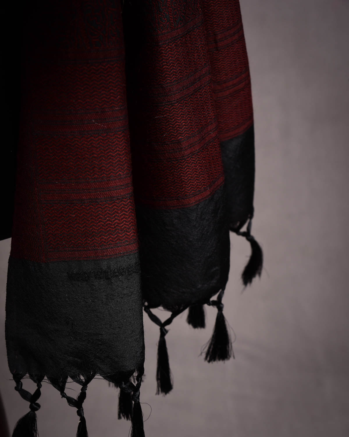 Midnight Maroon Banarasi Paisley Tanchoi Handwoven Silk Wool Scarf 72"x21"-HolyWeaves