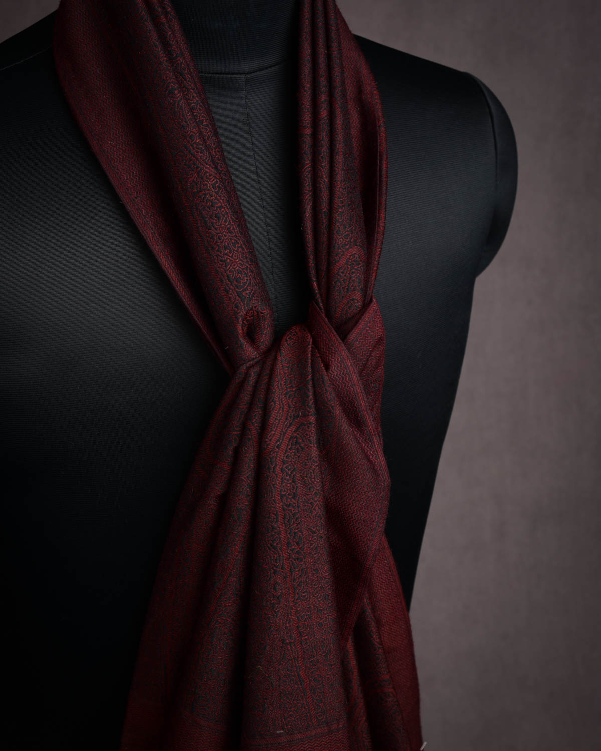 Midnight Maroon Banarasi Paisley Tanchoi Handwoven Silk Wool Scarf 72"x21"