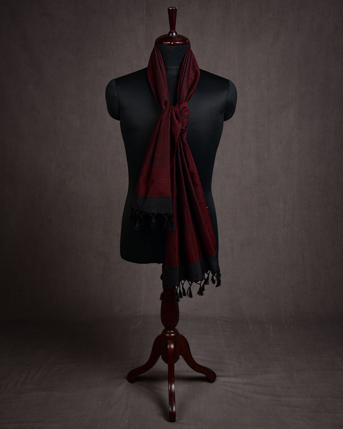 Midnight Maroon Banarasi Paisley Tanchoi Handwoven Silk Wool Scarf 72"x21"