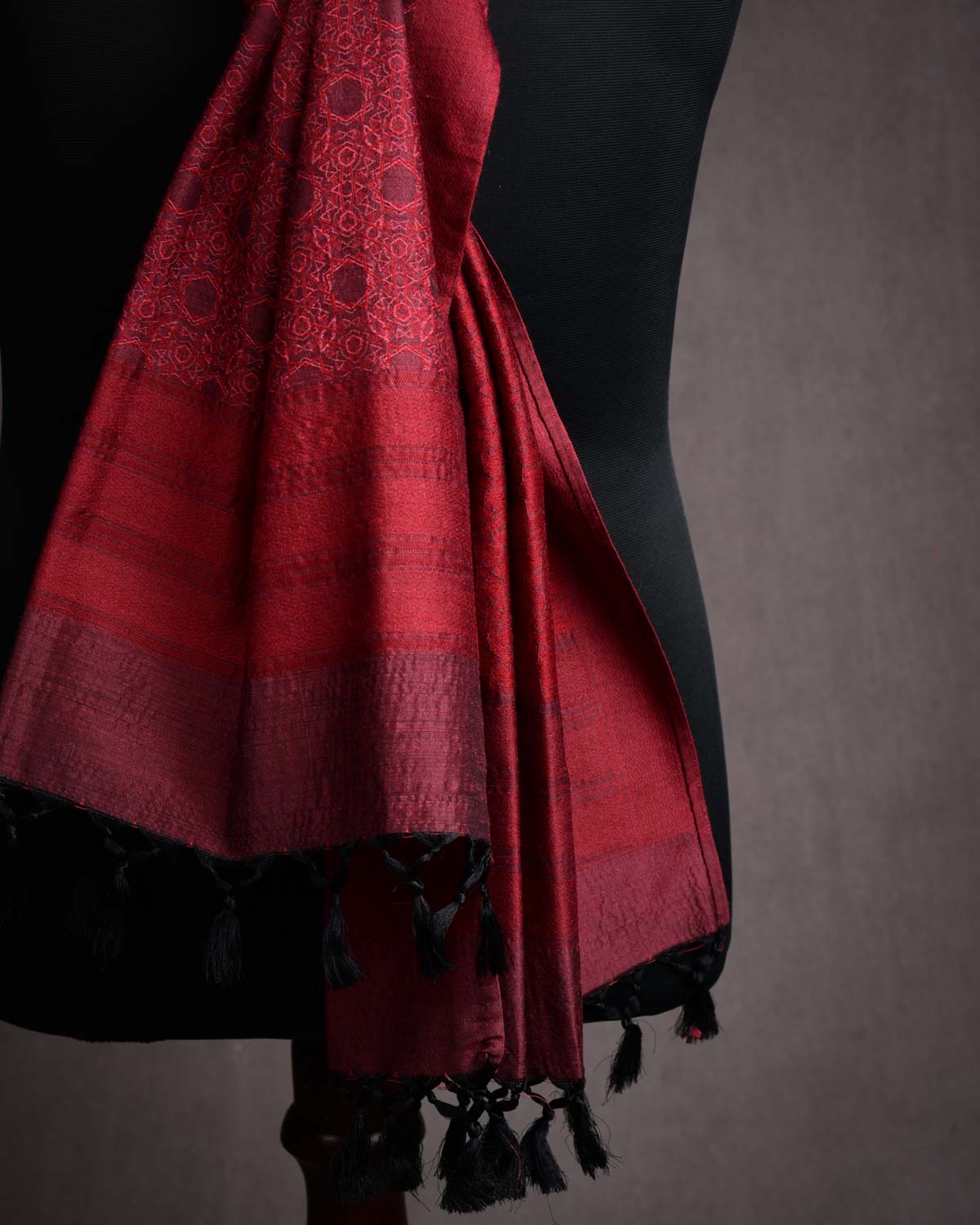 Maroon Kaleidoscopic Stars Tanchoi Handwoven Silk Wool Scarf 80"x21"-HolyWeaves