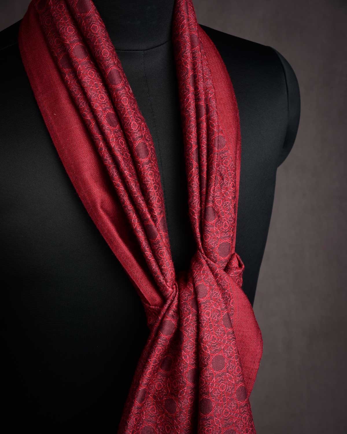 Maroon Kaleidoscopic Stars Tanchoi Handwoven Silk Wool Scarf 80"x21"-HolyWeaves