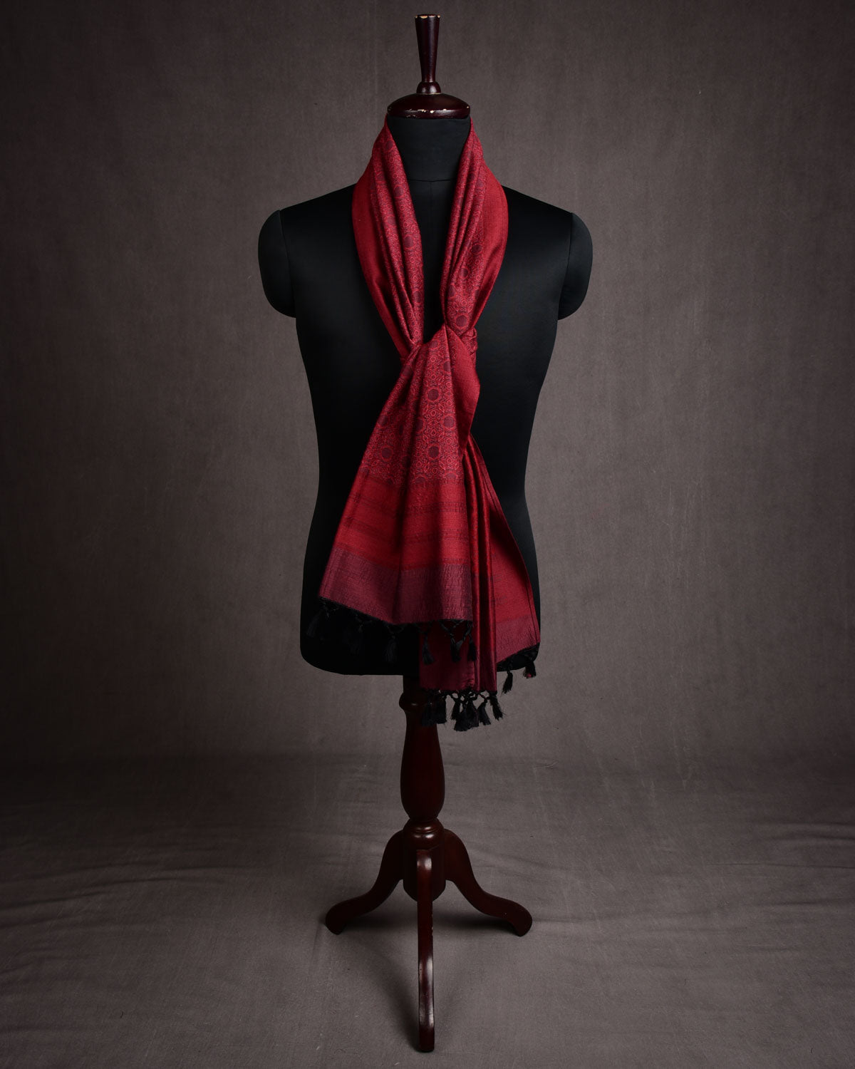 Maroon Kaleidoscopic Stars Tanchoi Handwoven Silk Wool Scarf 80"x21"