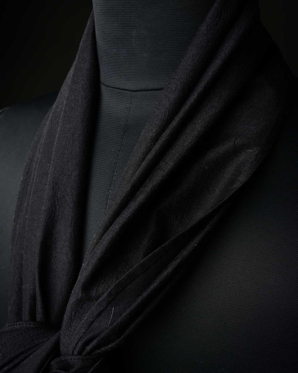 Black Spider Web Tanchoi Handwoven Silk Wool Scarf 80"x21"-HolyWeaves