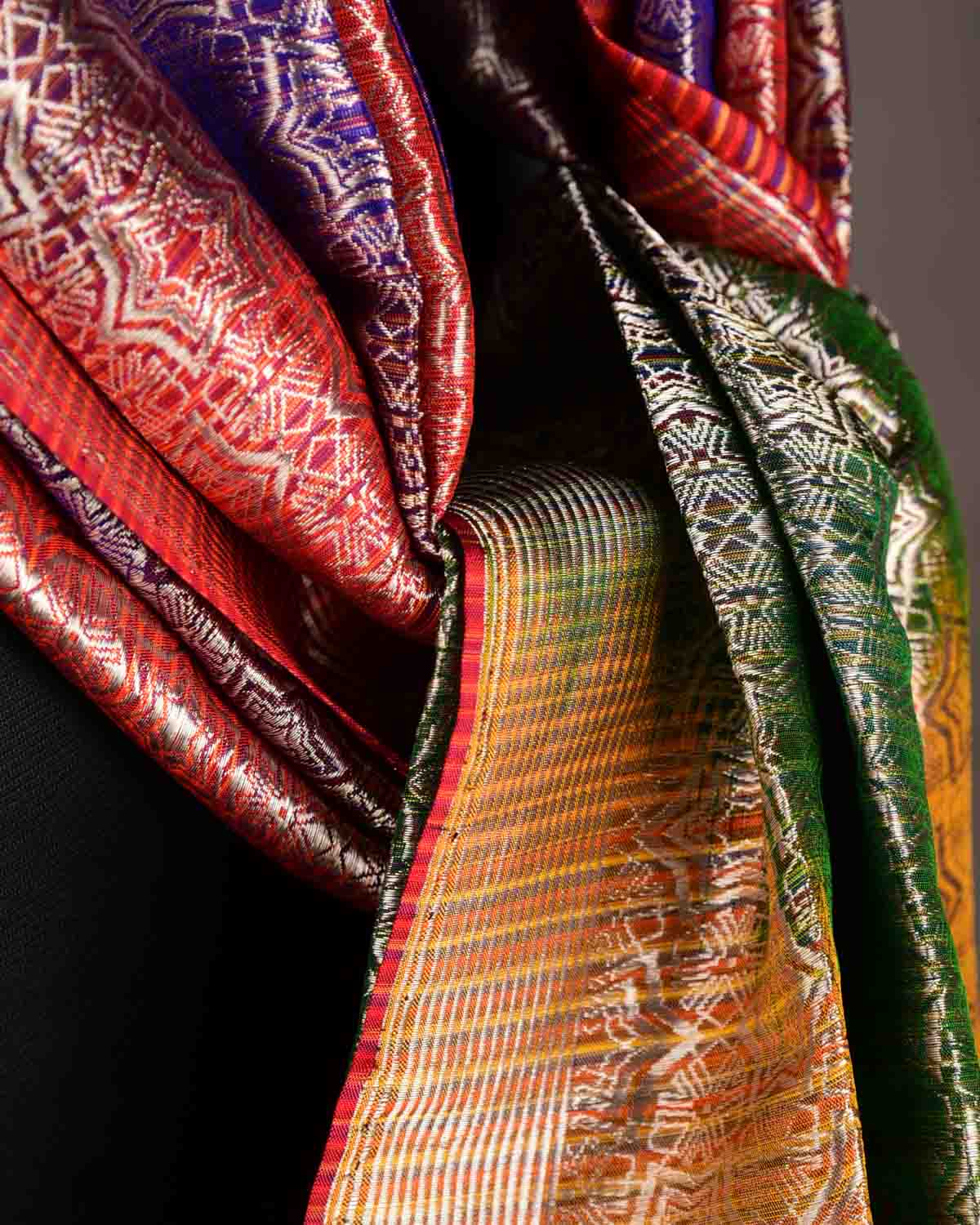 Ombre Multi-color Silver Zari Kaleidoscopic Stars Brocade Handwoven Silk Tissue Unisex Scarf 80"x22"-HolyWeaves