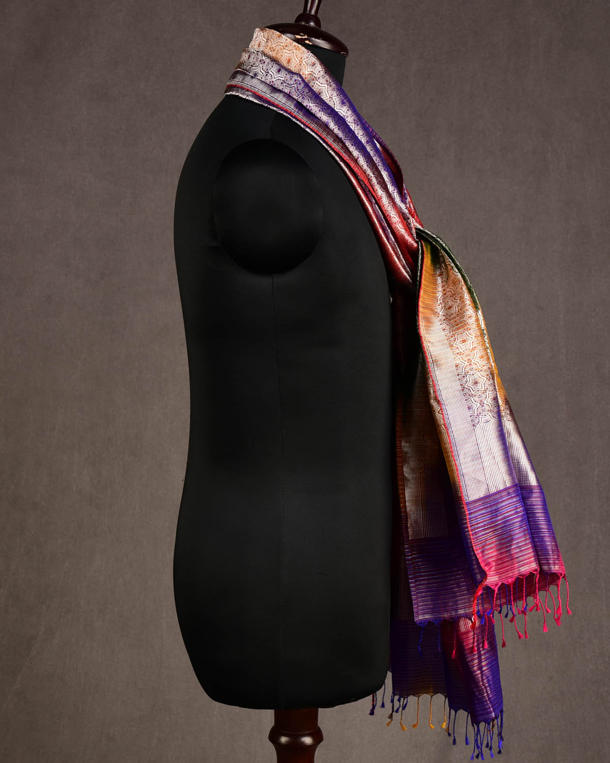 Ombre Multi-color Silver Zari Kaleidoscopic Stars Brocade Handwoven Silk Tissue Unisex Scarf 80"x22"-HolyWeaves