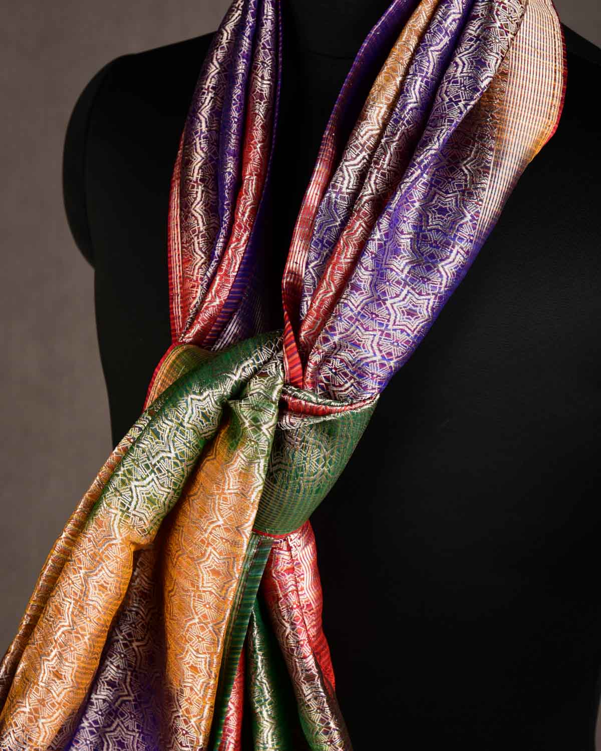 Ombre Multi-color Silver Zari Kaleidoscopic Stars Brocade Handwoven Silk Tissue Unisex Scarf 80"x22"-HolyWeaves