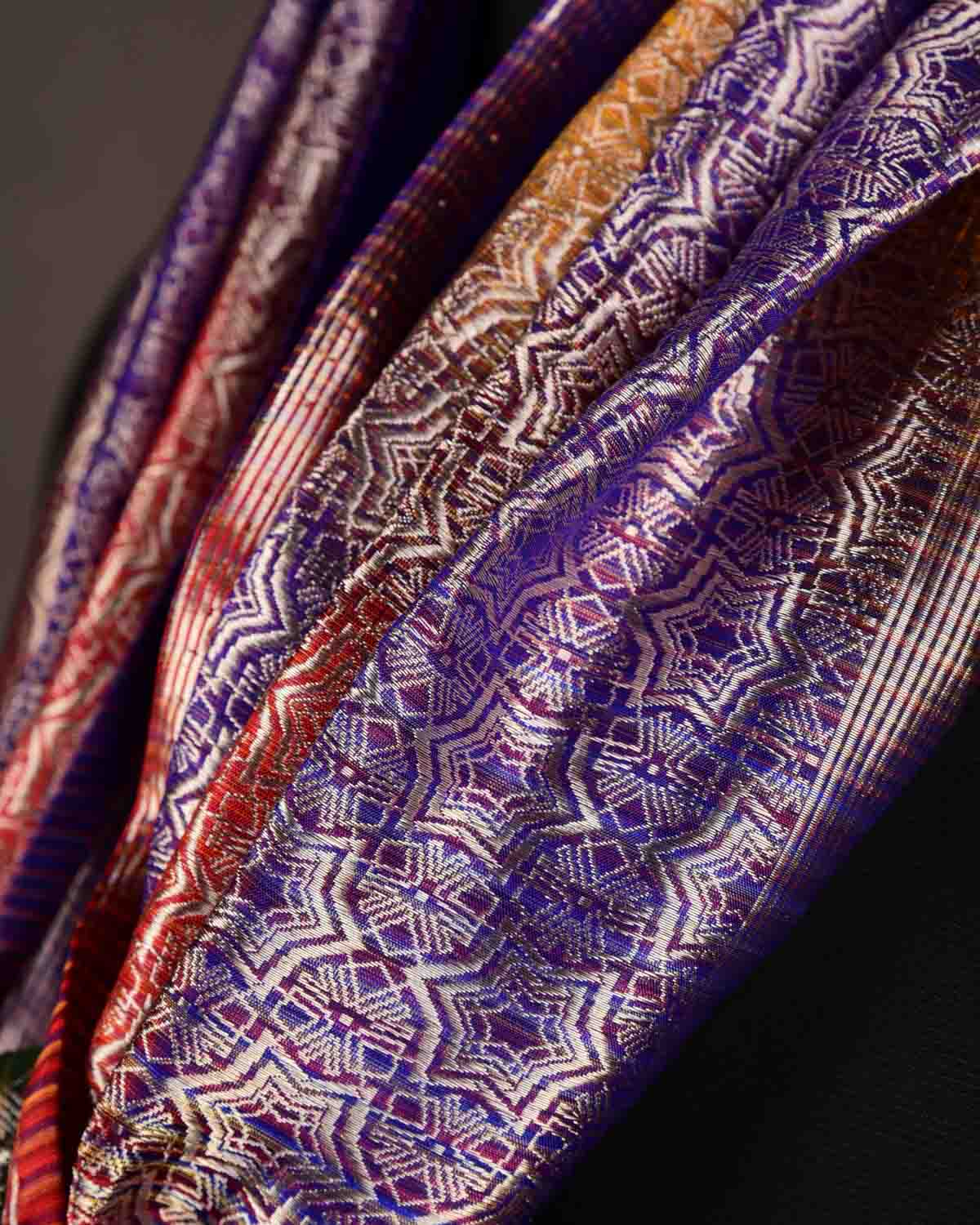 Ombre Multi-color Silver Zari Kaleidoscopic Stars Brocade Handwoven Silk Tissue Unisex Scarf 80"x22"-HolyWeaves